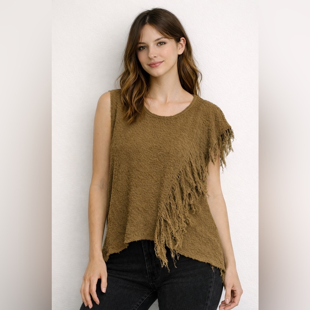 Free People Olive Green Asymmetrical Fringe Tank Top Size M